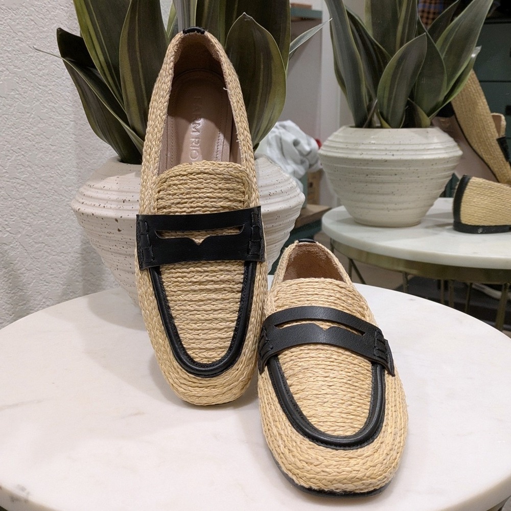 Farm Rio Raffia Penny Loafers Women 7 Beige Black Leather Trim Woven Flat Shoes